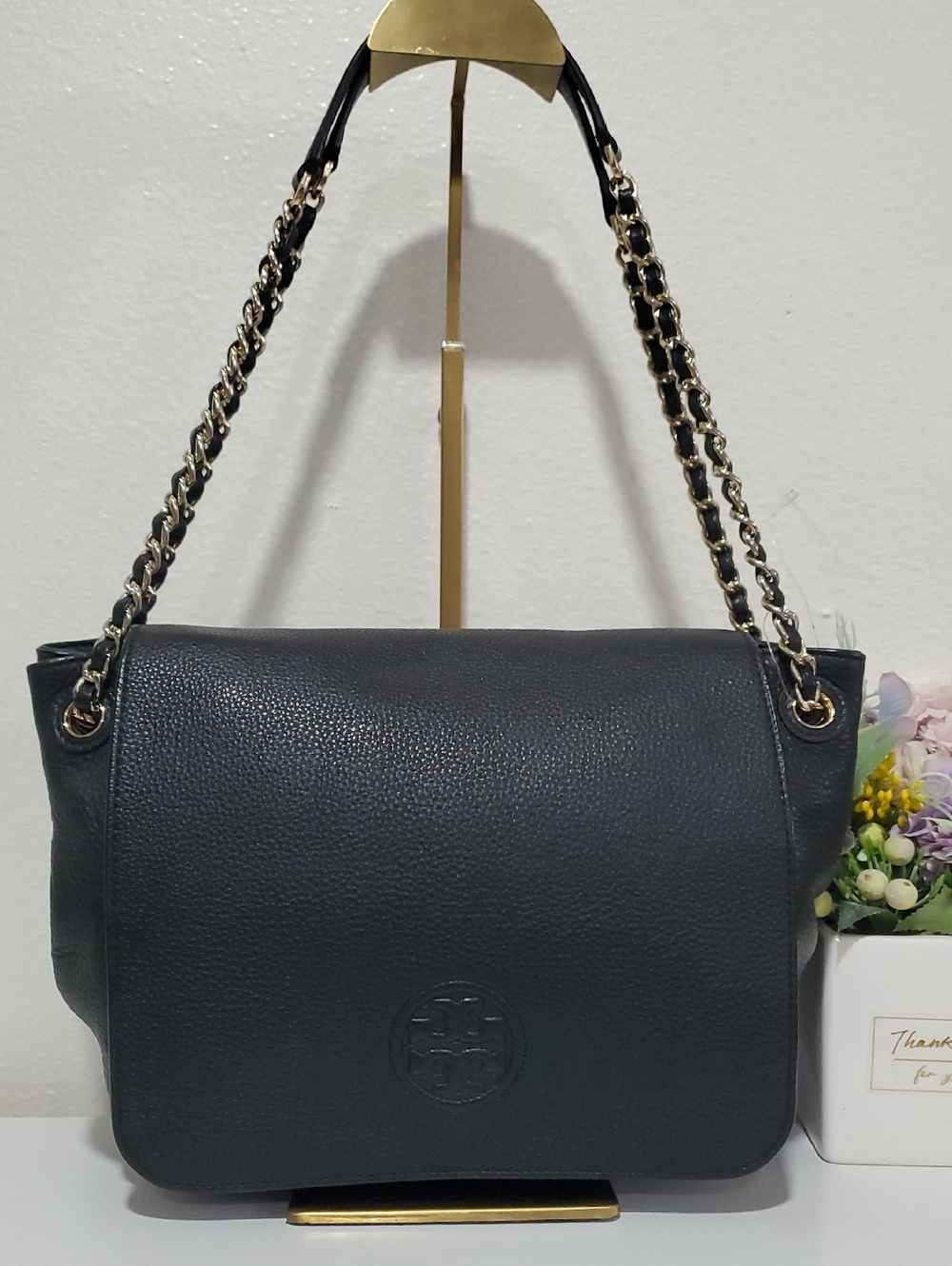 Tory Burch Black Pebble Leather Bombe Flap Shoulder Bag🖤💛